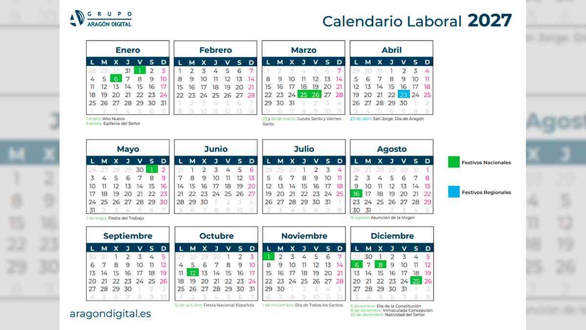 Aragon sets its 2027 public holiday calendar: these are the 12 holidays next year