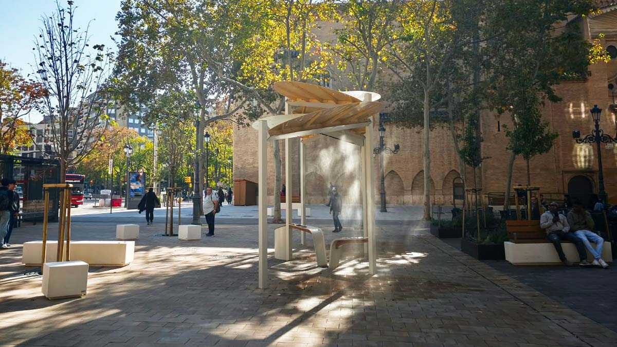 San Miguel Square’s misting system is now running: artificial rain activated by push button